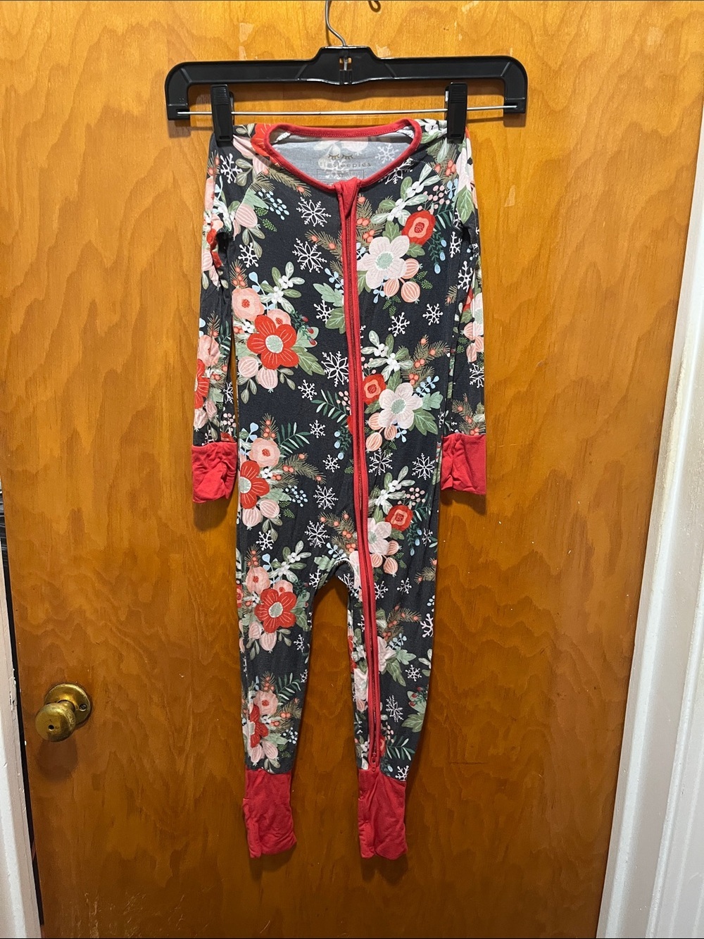 Little Sleepies Charcoal Floral Footed One-Piece with Red Trim